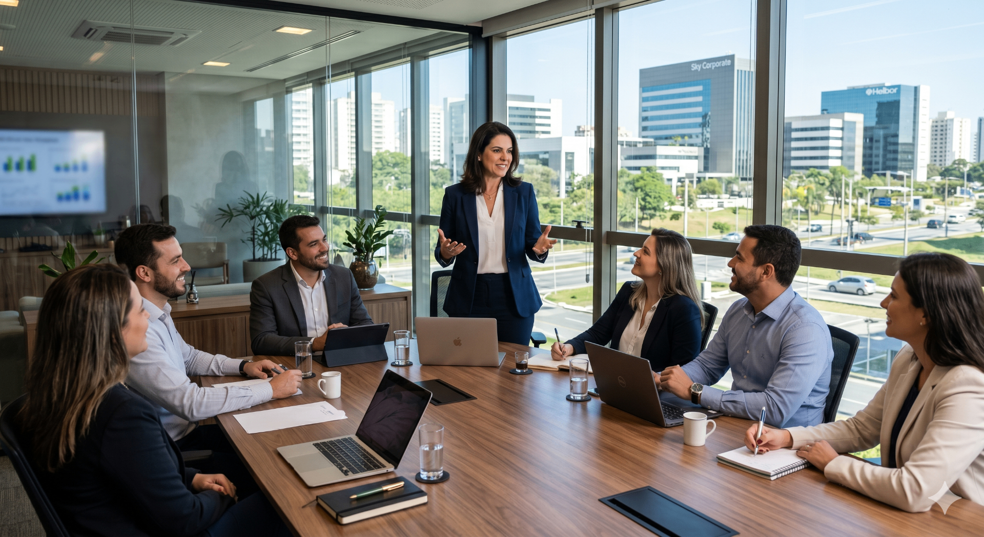 Líder conduzindo reunião executiva com sua equipe